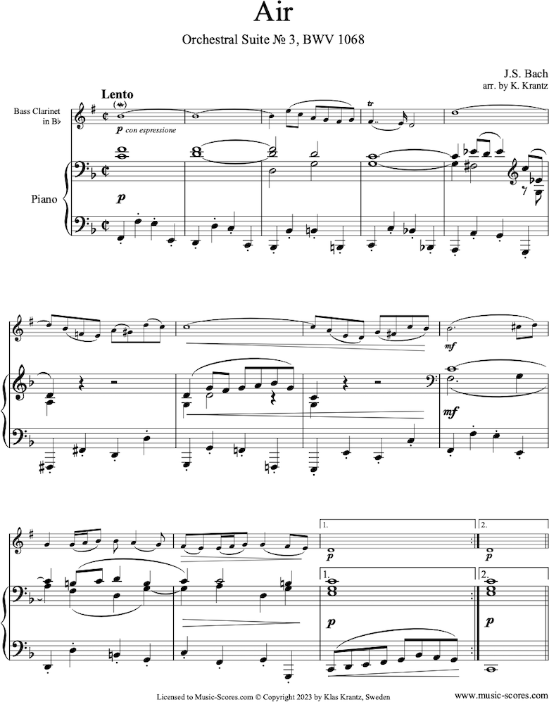 Front page of bwv 1068: Air on G: Bass Clarinet and Piano: F major. sheet music