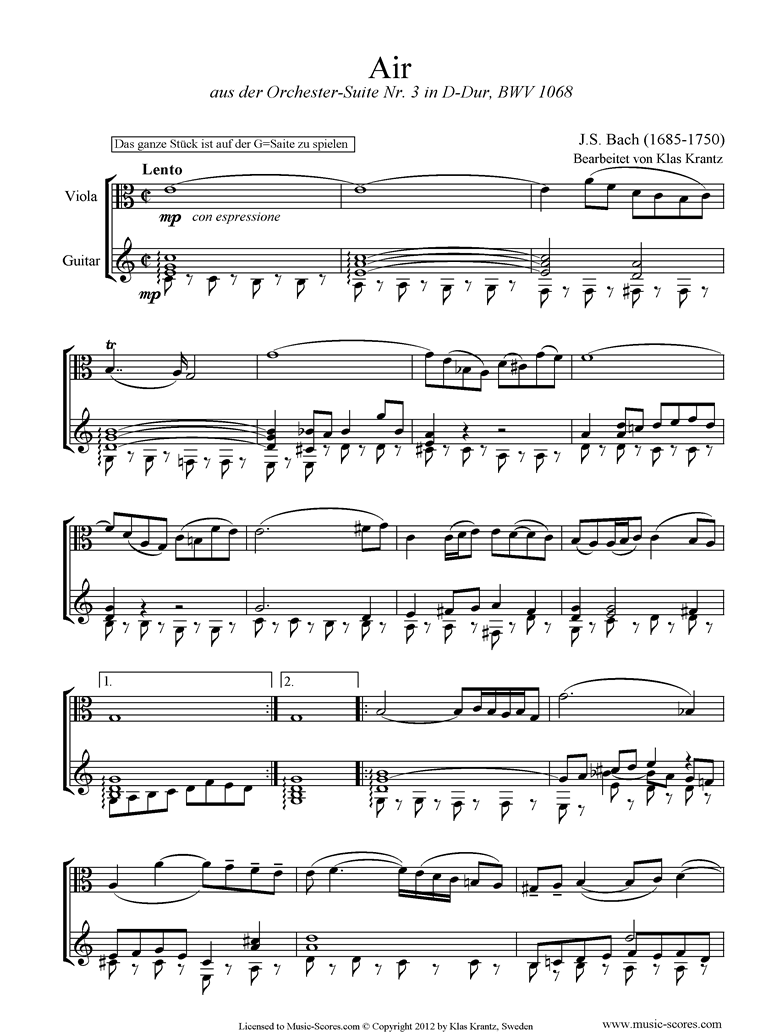 Front page of bwv 1068: Air on G: Viola and Guitar. sheet music
