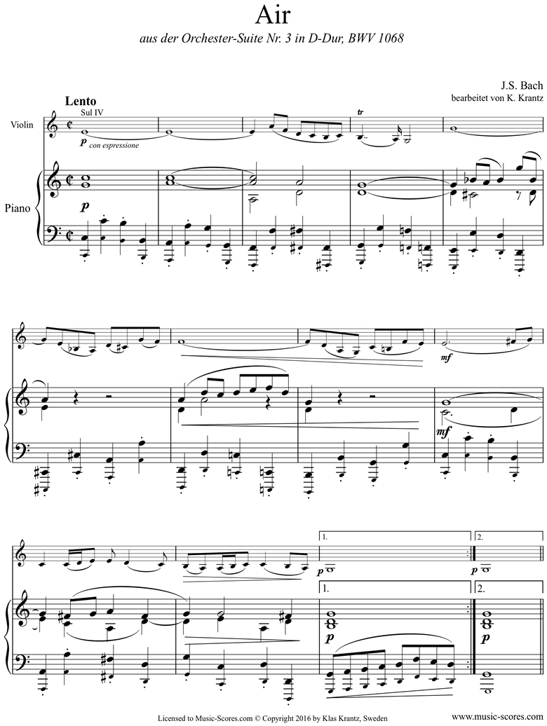 Front page of bwv 1068: Air on G:Violin and Piano. sheet music