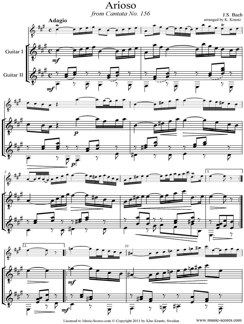 Front page of Cantata 156, 5th Concerto: Arioso: Guitar duet sheet music