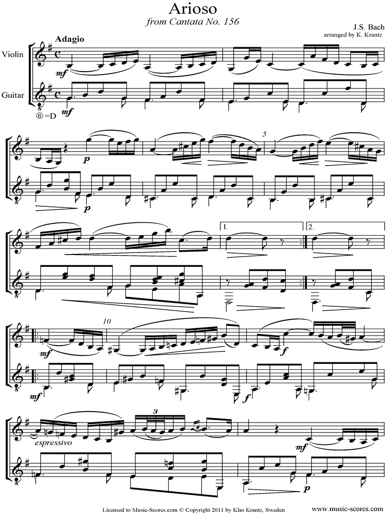 Front page of Cantata 156, 5th Concerto: Arioso: Violin, Guitar sheet music