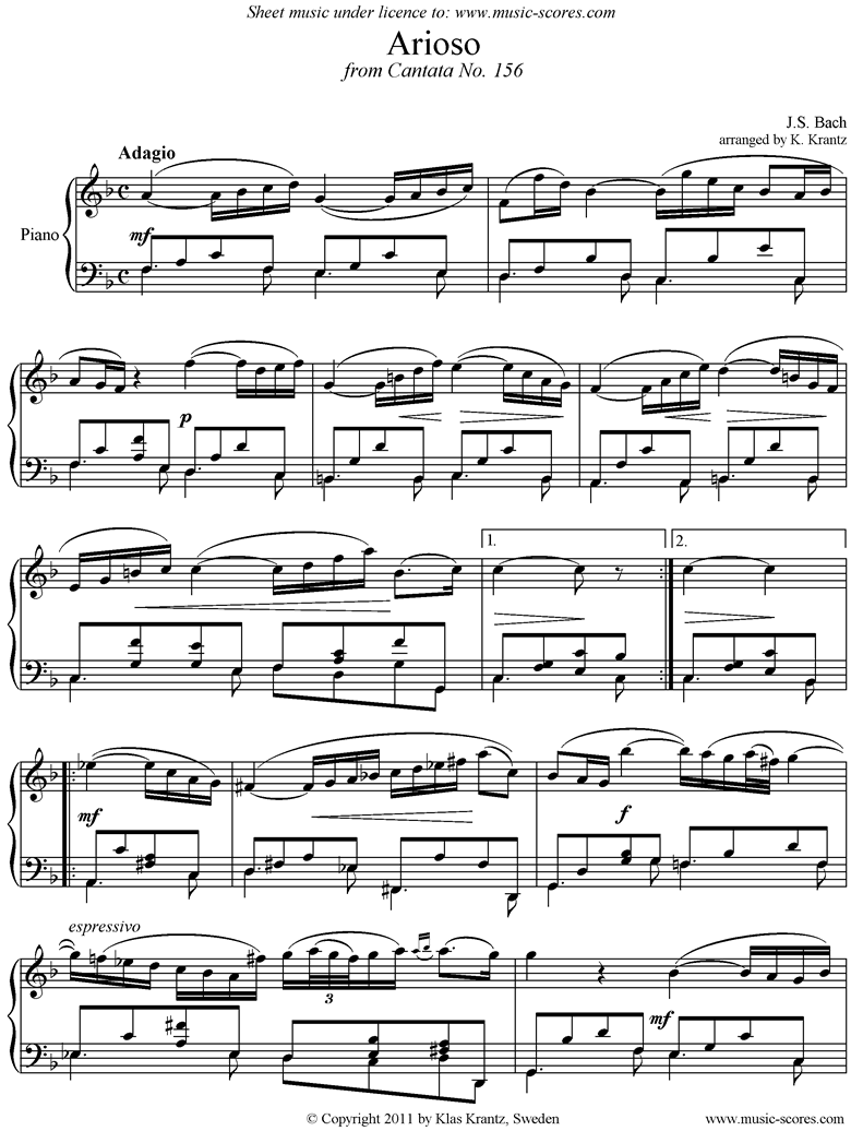 Front page of Cantata 156, 5th Concerto: Arioso: Piano sheet music