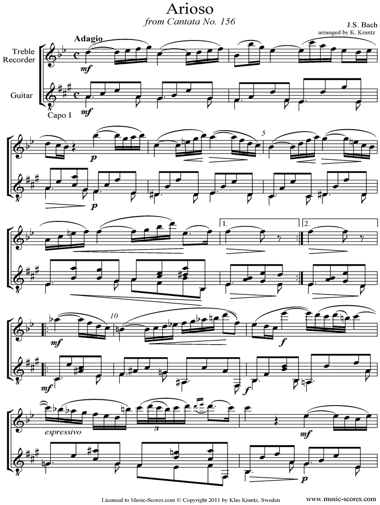 Front page of Cantata 156, 5th Concerto: Arioso: Treble Recorder, Guitar sheet music