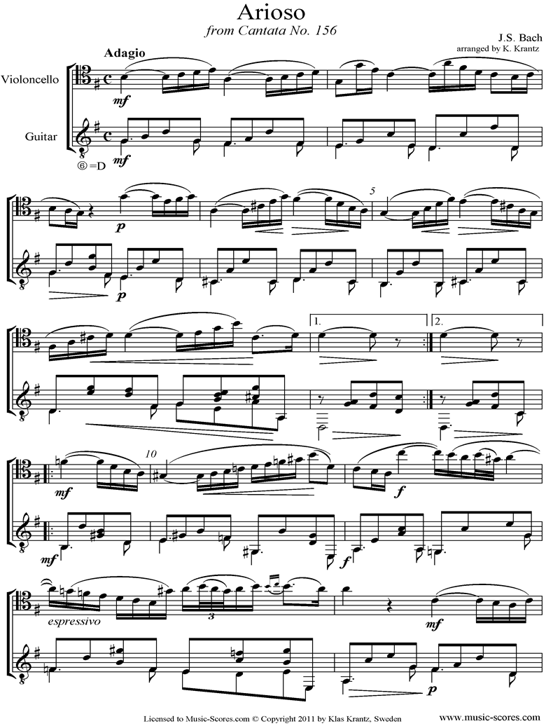 Front page of Cantata 156, 5th Concerto: Arioso: Cello, Guitar sheet music
