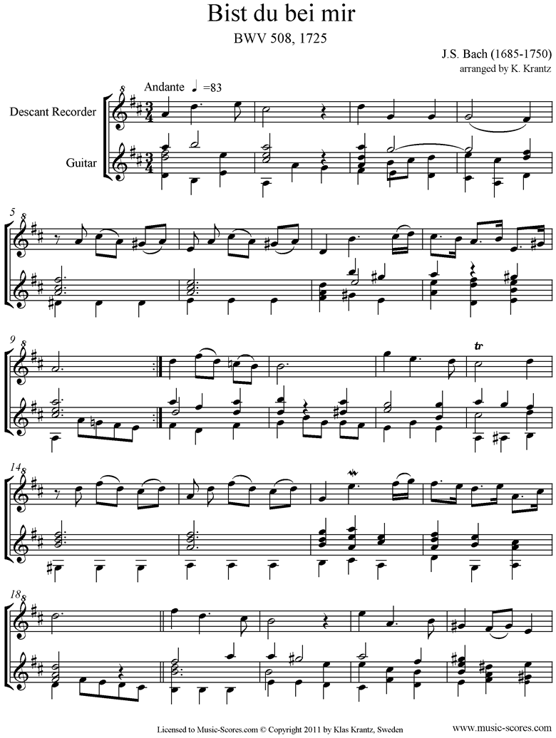 Anna Magdalena: No. 25: Bist du bei mir: Descant Recorder, Guitar: G ma by Bach