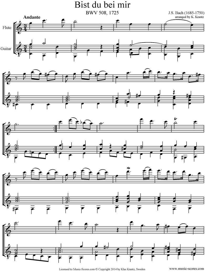 Anna Magdalena: No. 25: Bist du bei mir: Flute, Guitar by Bach