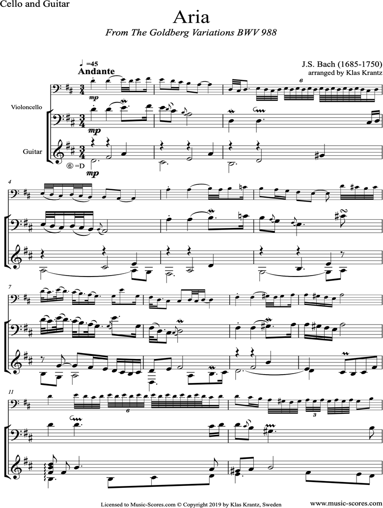 Front page of Goldberg Variations: No. 00 Aria: Cello, Guitar: D ma sheet music