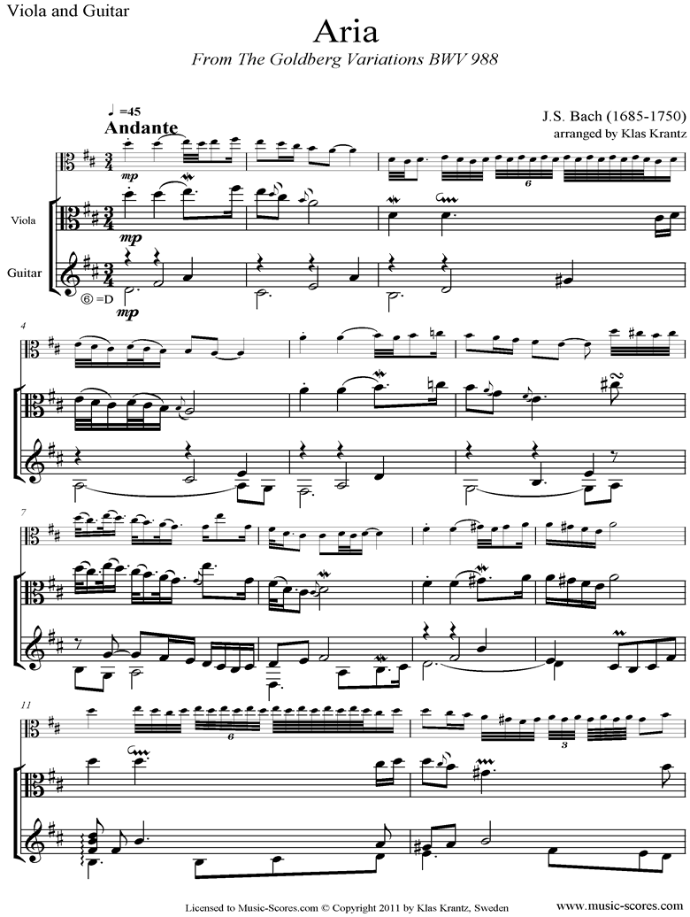 Front page of Goldberg Variations: No. 00 Aria: Viola, Guitar sheet music