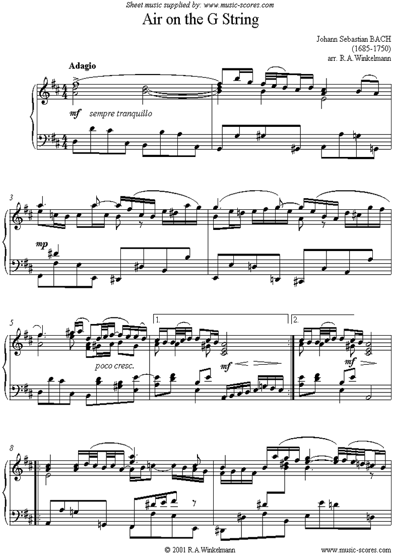 Front page of Orchestral Suite No.3, 2nd mvt: Air on G: piano sheet music
