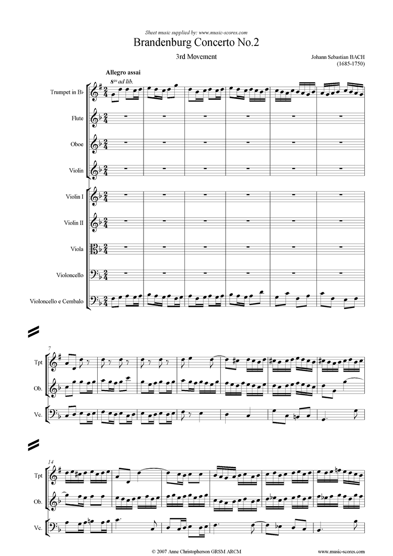 Front page of Brandenburg Concerto No. 2: 3rd Movement sheet music