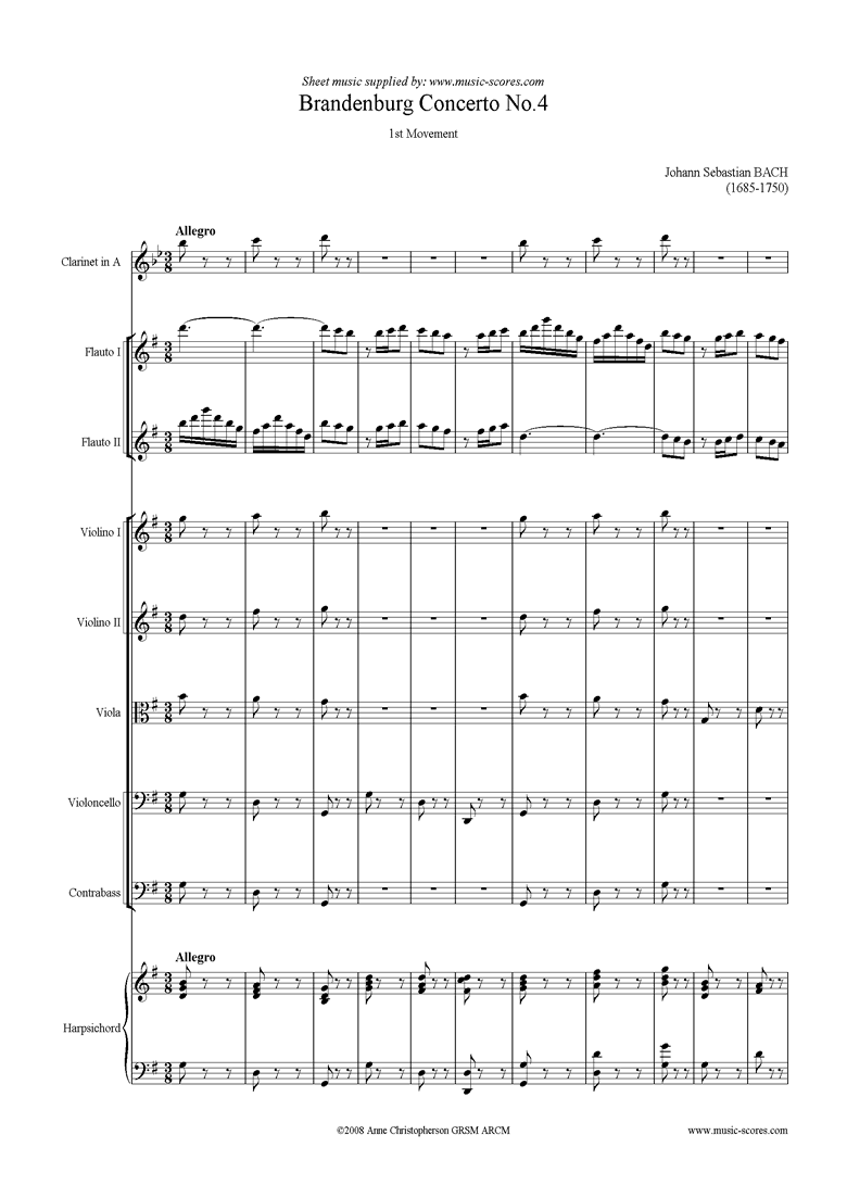 Front page of Brandenburg Concerto No. 4: 1st Mvt Clarinet in A sheet music