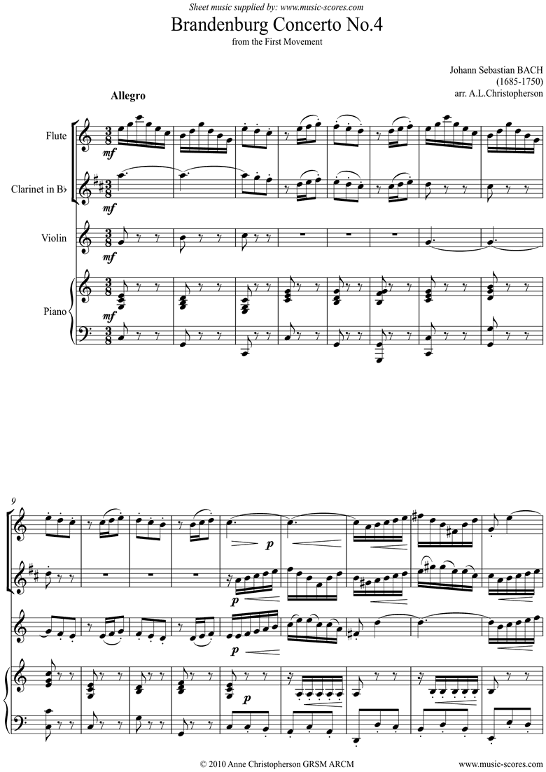 Brandenburg Concerto 4: 1st Mt Fl, Cl, Vn,Pno: Cma by Bach