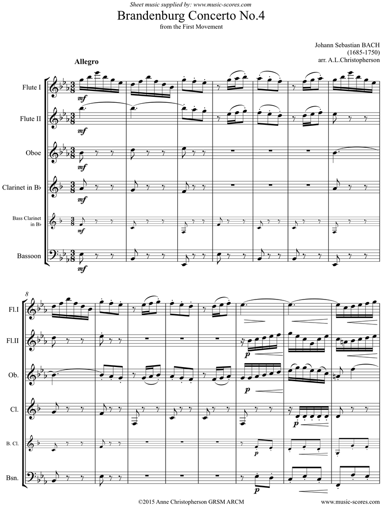 Brandenburg 4: 1st mvt abridged: 2 Flutes, Oboe, Clarinet, Bass Clarinet or Bassoon by Bach