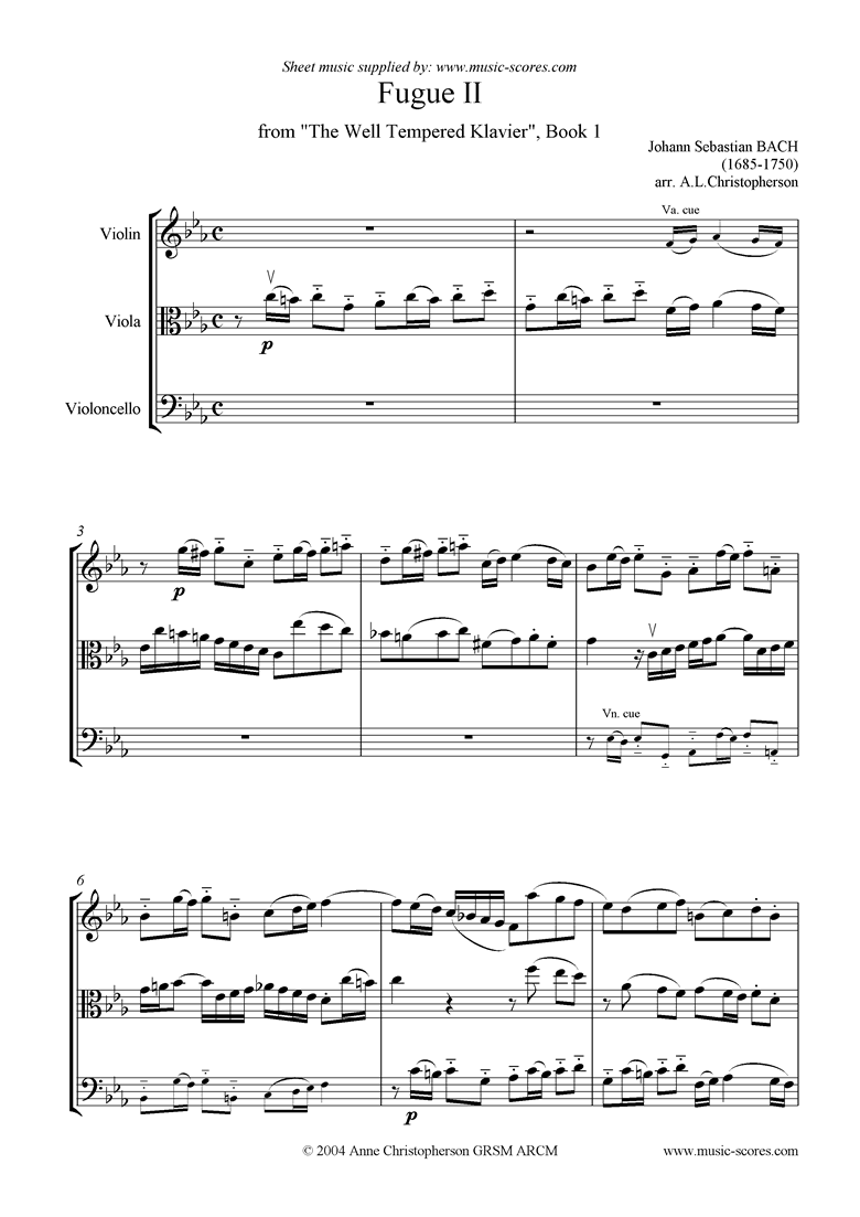 Front page of Well Tempered Clavier, Book 1: Fugue 2: vn, va, vc sheet music