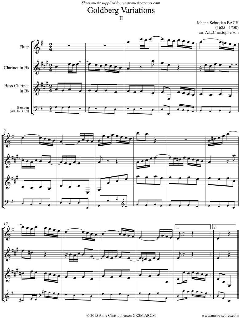Front page of Goldberg Variations: No. 02: flute, clarinet, Bass clarinet or Bassoon sheet music
