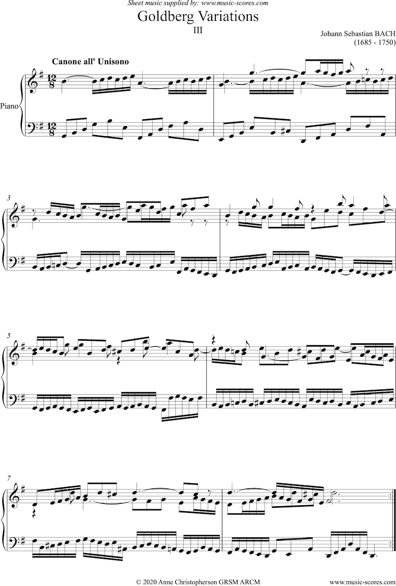 Front page of Goldberg Variations: No. 03: Piano sheet music