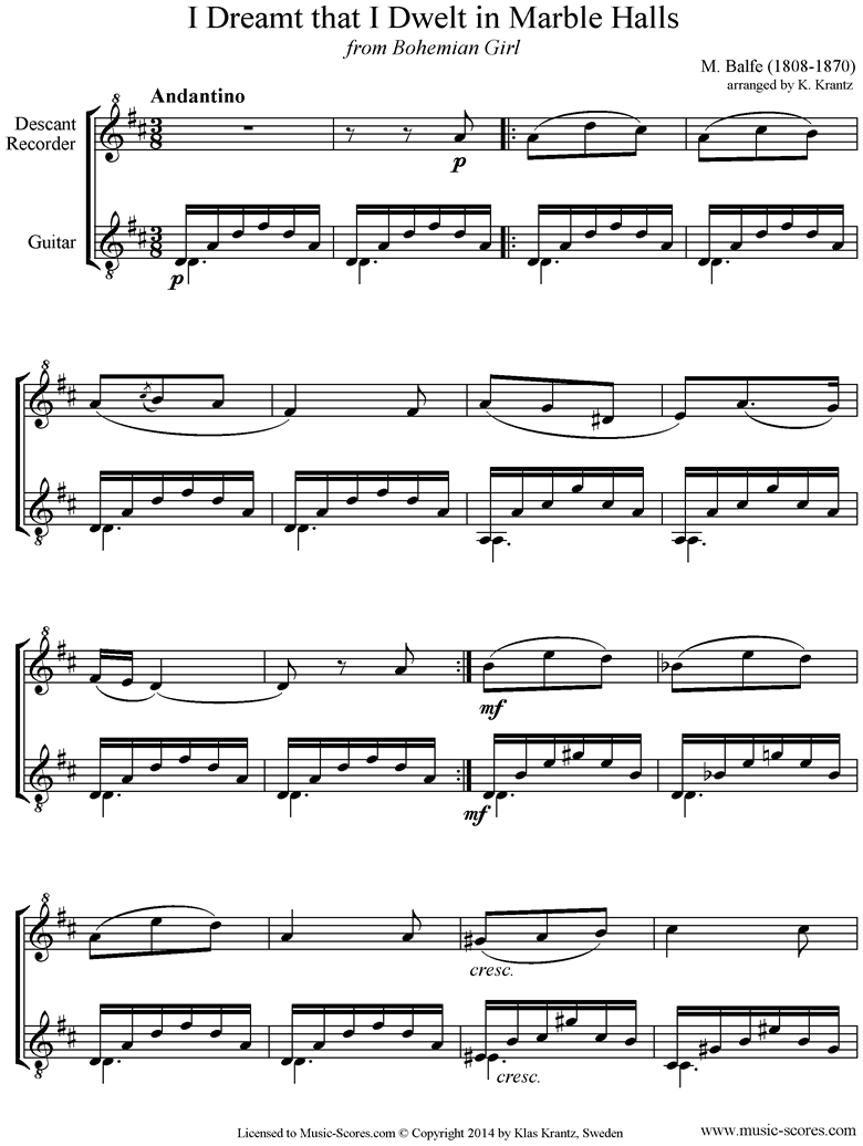 Front page of I Dreamt that I Dwelt in Marble Halls: Descant Recorder, Guitar sheet music