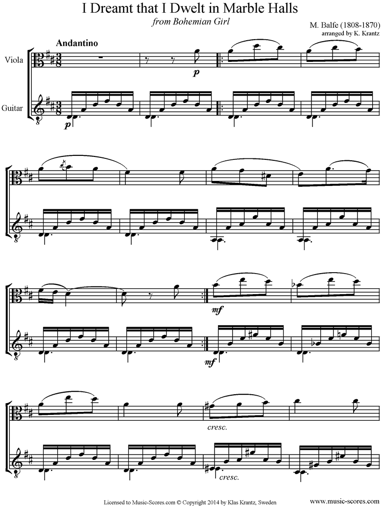 Front page of I Dreamt that I Dwelt in Marble Halls: Viola, Guitar sheet music