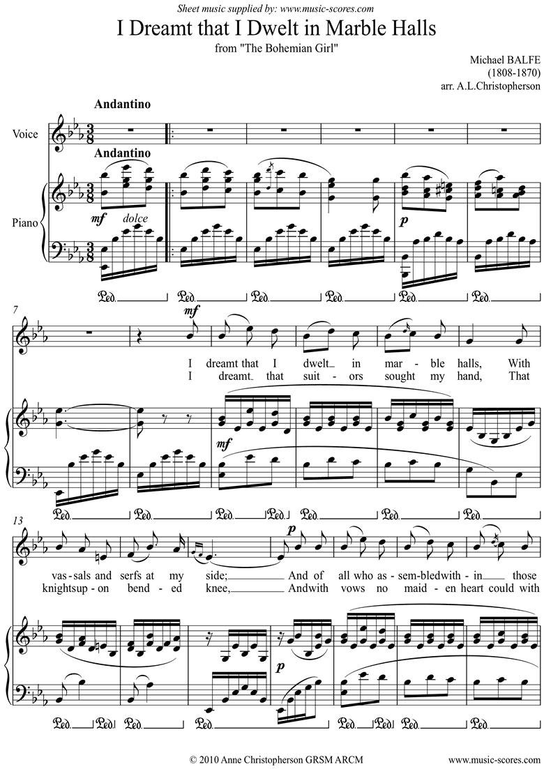 Front page of I Dreamt that I Dwelt in Marble Halls: Voice, Eb sheet music