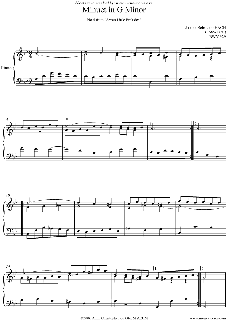 Front page of bwv 929: Seven Little Preludes: Minuet in G minor sheet music