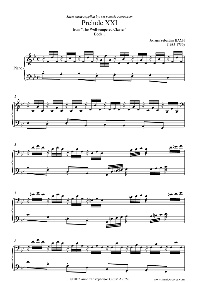 Front page of Well Tempered Clavier, Book 1: 21a: Prelude XXI sheet music