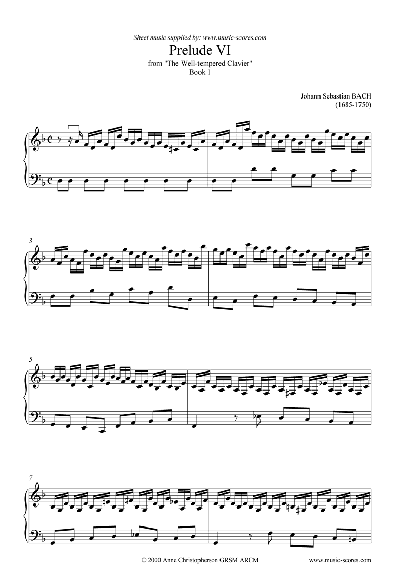 Front page of Well Tempered Clavier, Book 1: 06a: Prelude VI sheet music