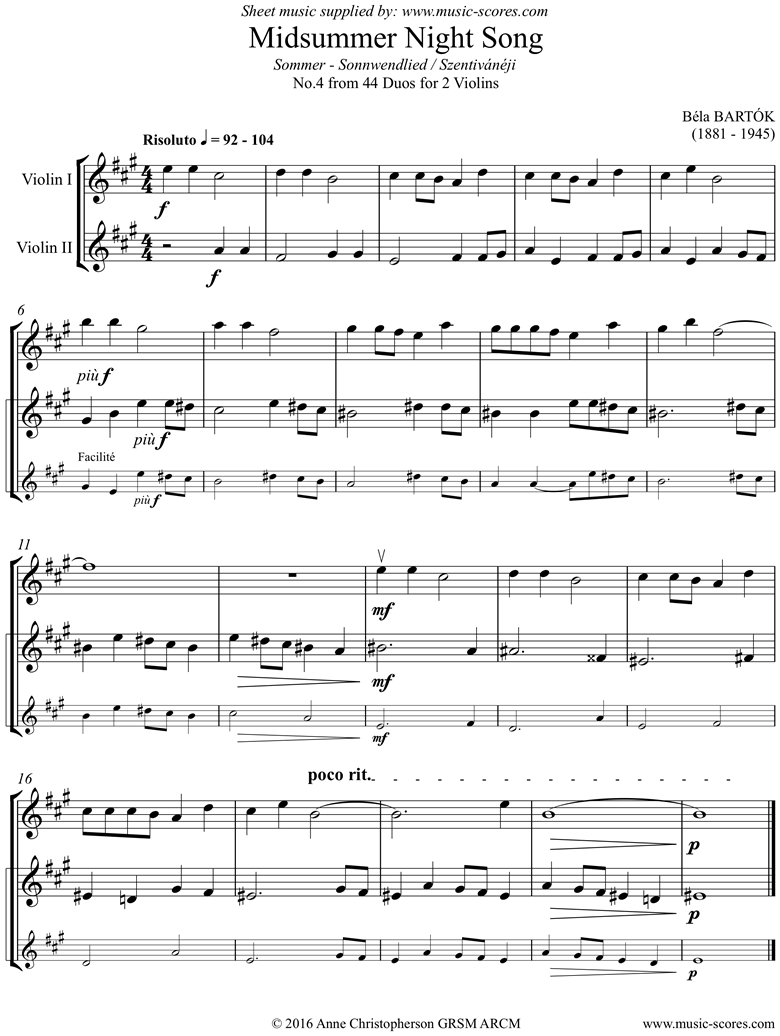 Front page of From 44 Duos: 04 Midsummer Night Song: 2 Violins sheet music