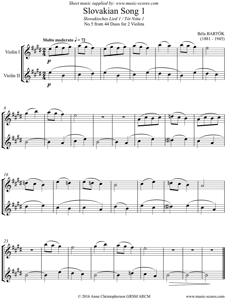 Front page of From 44 Duos: 05 Slovakian Song: 2 Violins sheet music