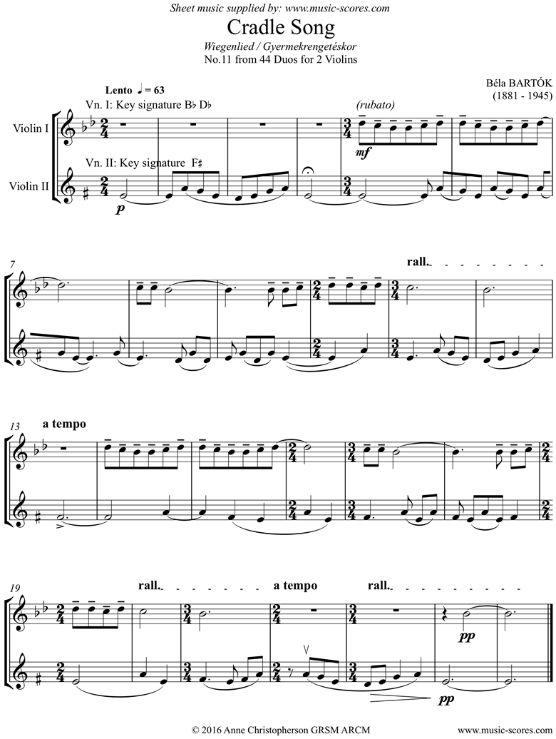 Front page of From 44 Duos: 11 Cradle Song: 2 Violins sheet music