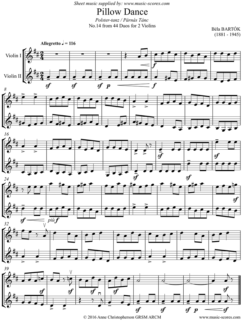 Front page of From 44 Duos: 14 Pillow Dance: 2 Violins sheet music