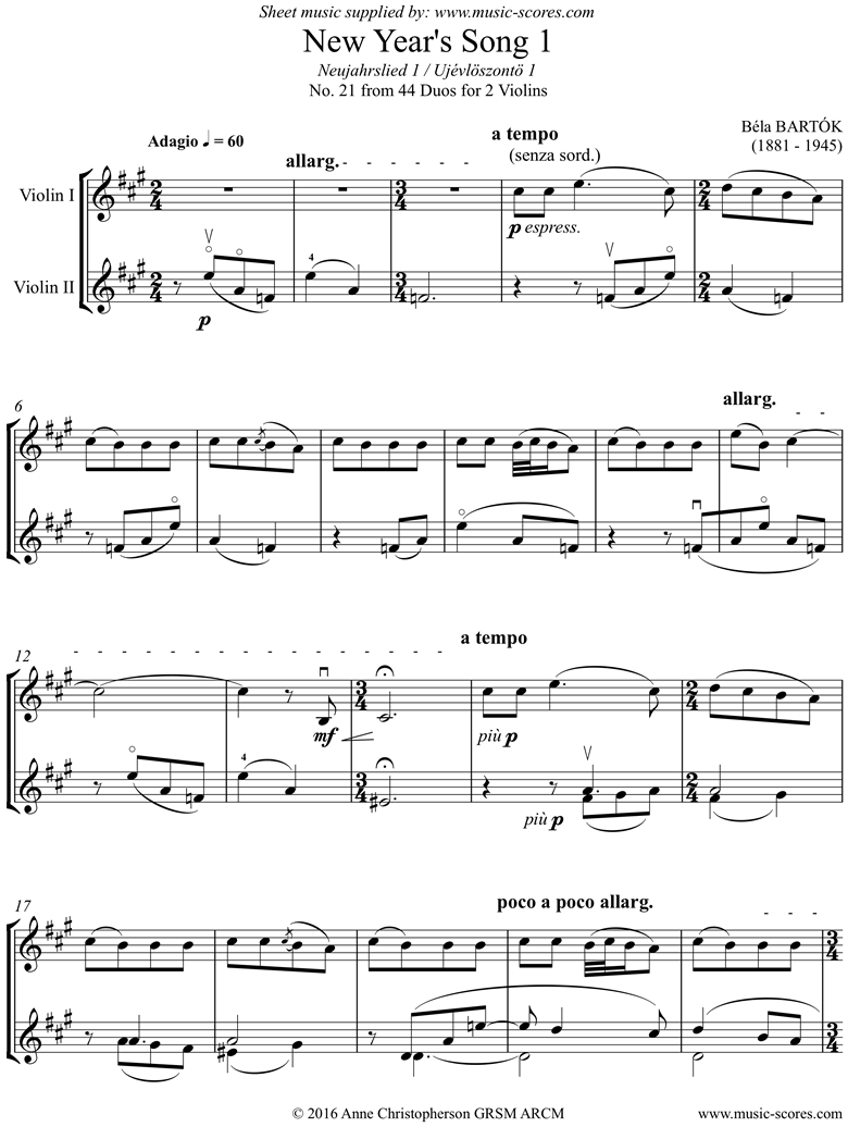Front page of From 44 Duos: 21 New Years Song: 2 Violins sheet music