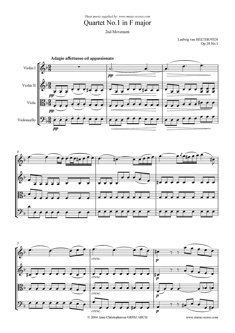 Front page of Op.18: Quartet No1: 2nd Mvt, Adagio sheet music