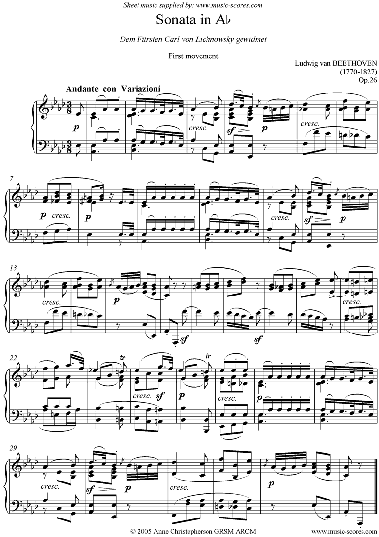 Front page of Op.26: Sonata 12: Ab: 1st Mt: Variations sheet music