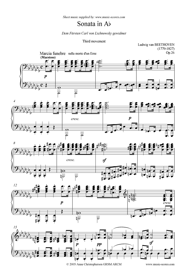 Front page of Op.26: Sonata 12: Ab: 3rd Mt: Marcia Funebre: Piano sheet music