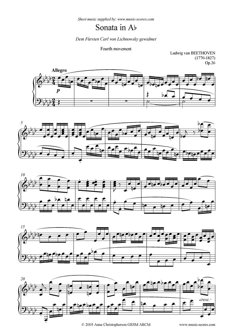 Front page of Op.26: Sonata 12: Ab: 4th Mt: Allegro sheet music