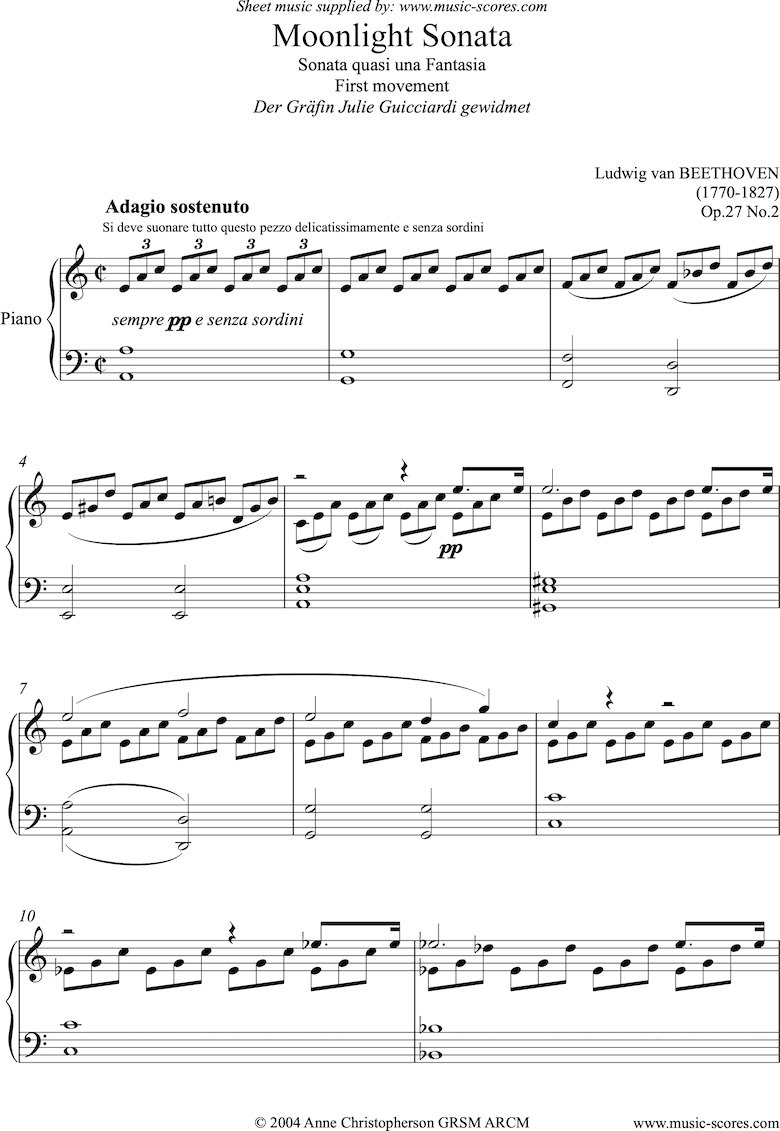 Front page of Op.27, No.2: Moonlight Sonata: Adagio: A minor, high version: Piano sheet music