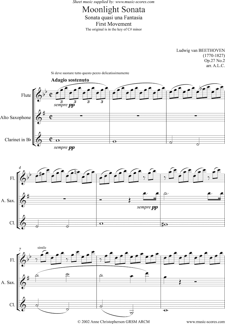 Front page of Op.27, No2: Sonata 14: Moonlight 1st mvt: cl asx fl sheet music