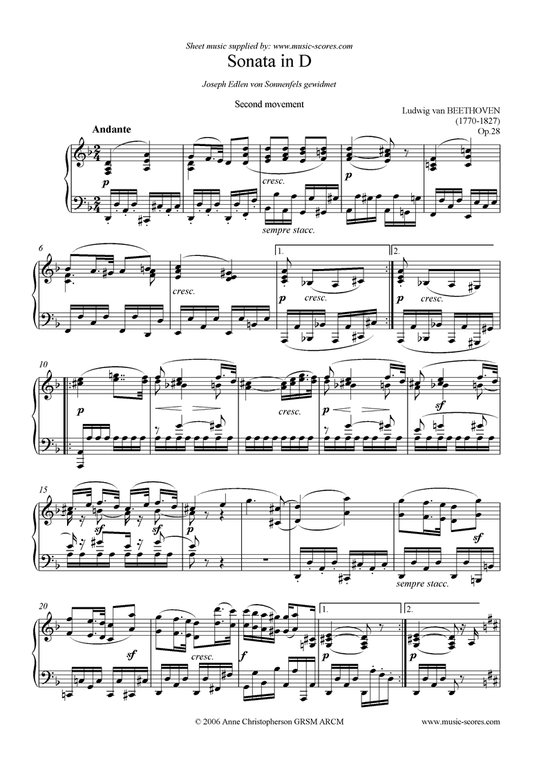 Front page of Op.28: Sonata 15: D, 2nd mvt: Andante sheet music