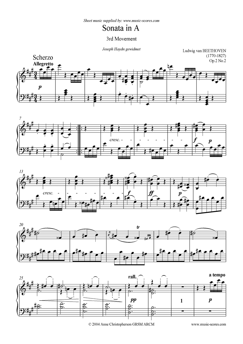 Front page of Op.02, No.2: Sonata 02: A: 3rd Mvt Scherzo and Trio sheet music