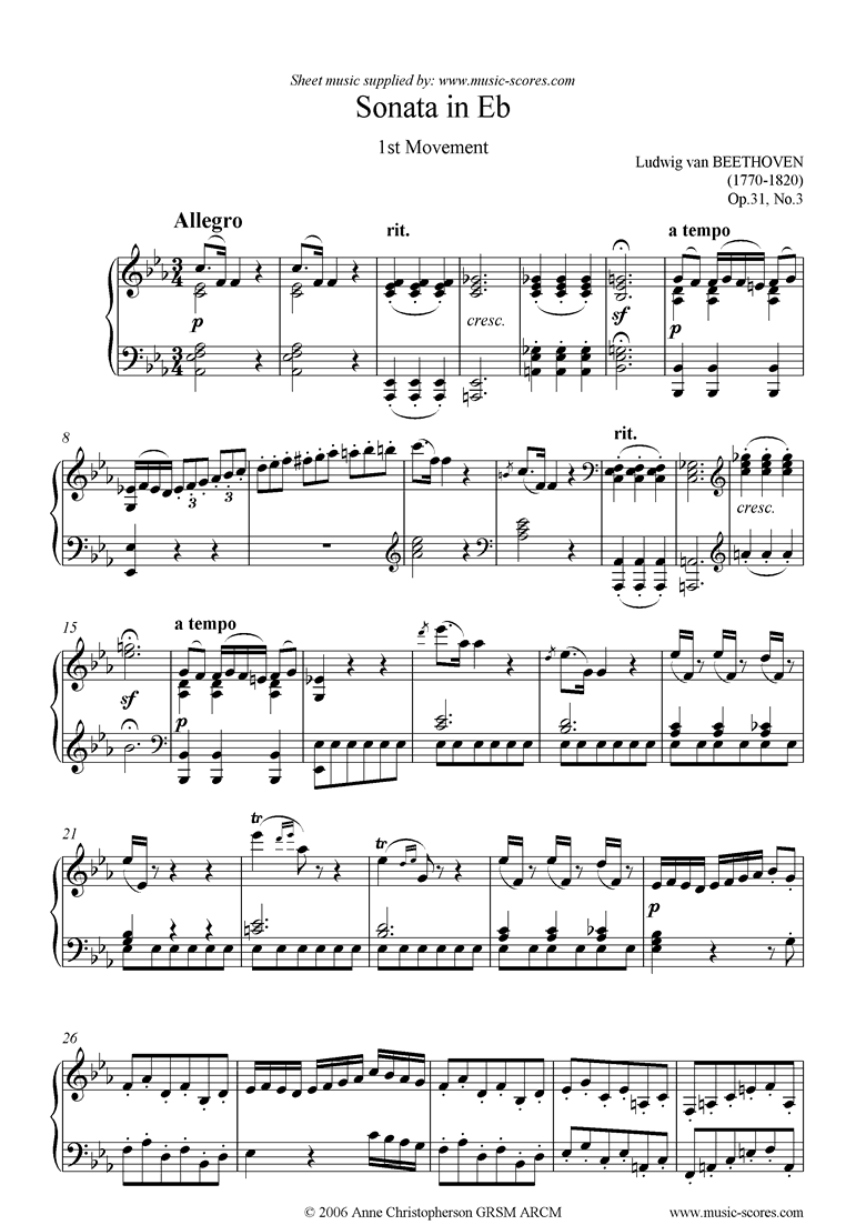 Front page of Op.31, No.3: Sonata 18: Eb, 1st mvt: Allegro sheet music