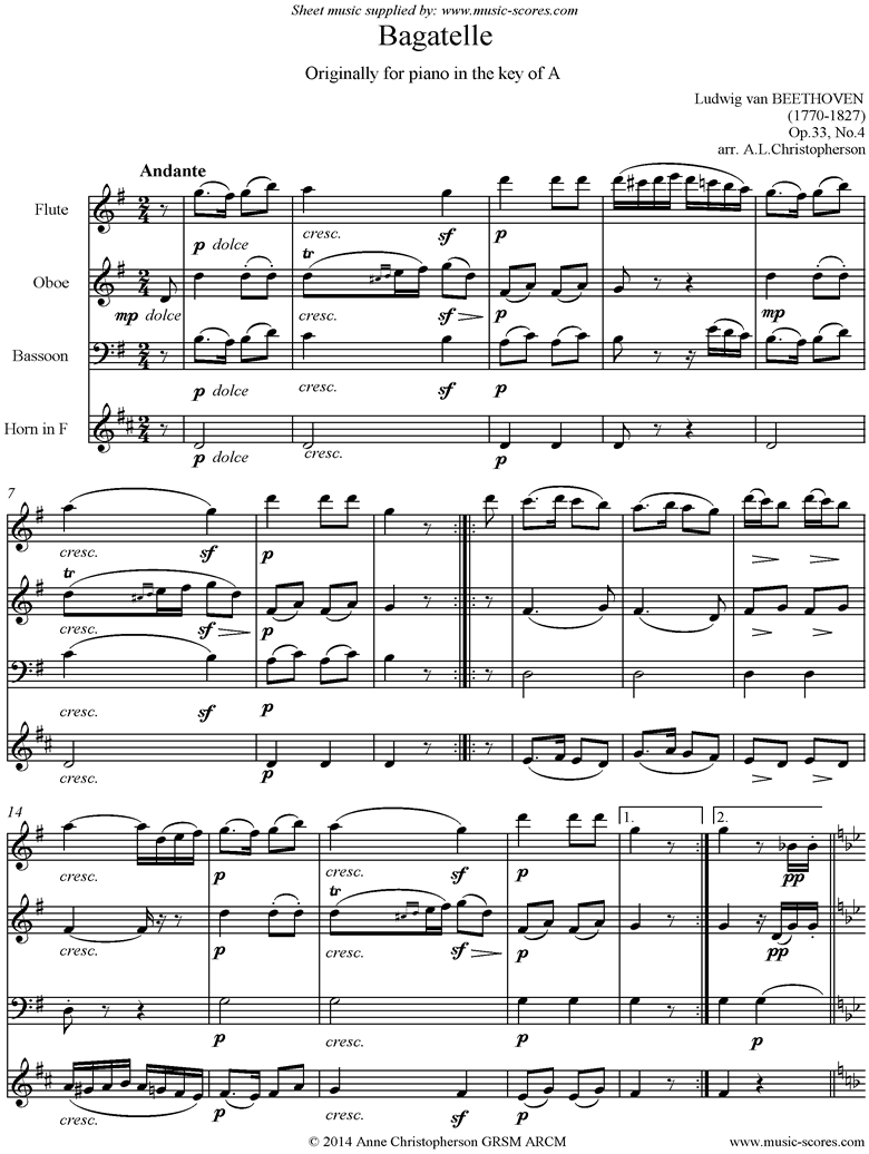 Front page of Op.33, No.4: Bagatelle in A: Flute, Oboe, Bassoon, French Horn sheet music