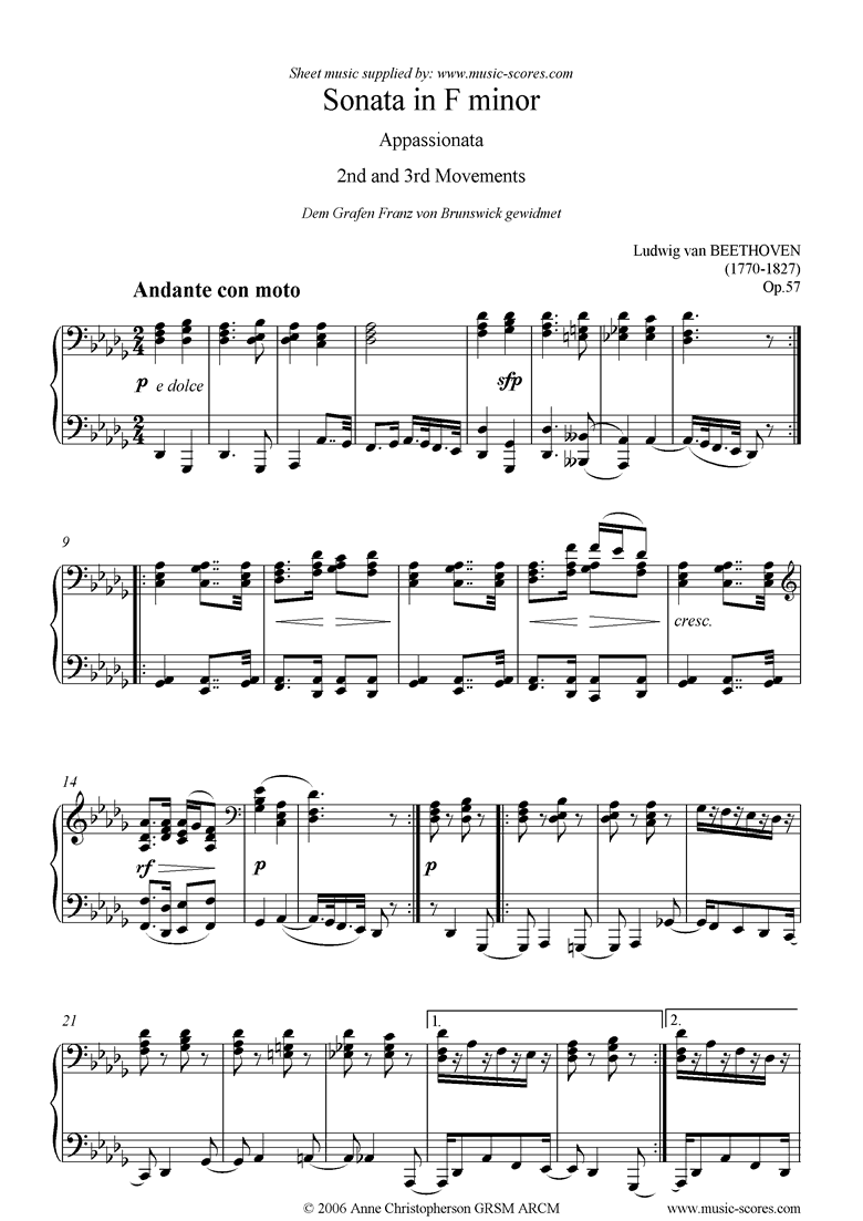 Front page of Op.57: Sonata 23: Appassionata: F mi: 2nd 3rd mvts sheet music