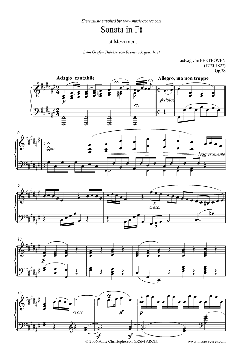 Front page of Op.78: Sonata 24: F#: 1st mvt: Adagio, Allegro sheet music