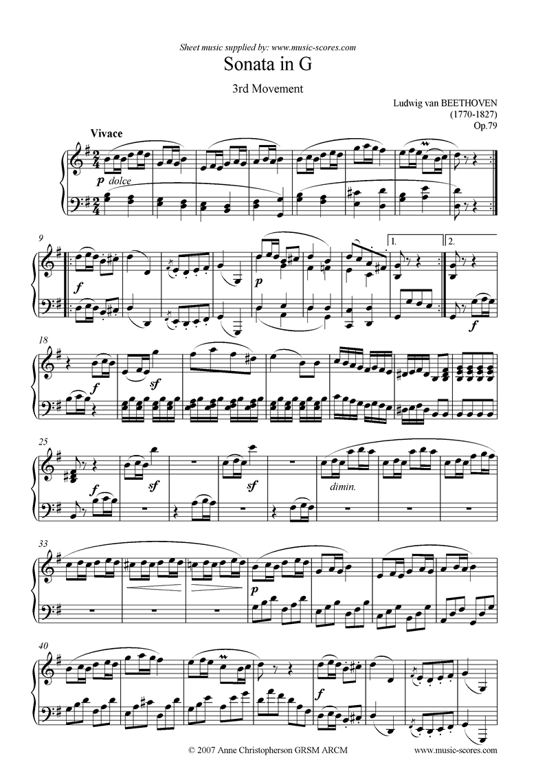 Front page of Op.79: Sonata 25: G: 3rd mvt: Vivace sheet music