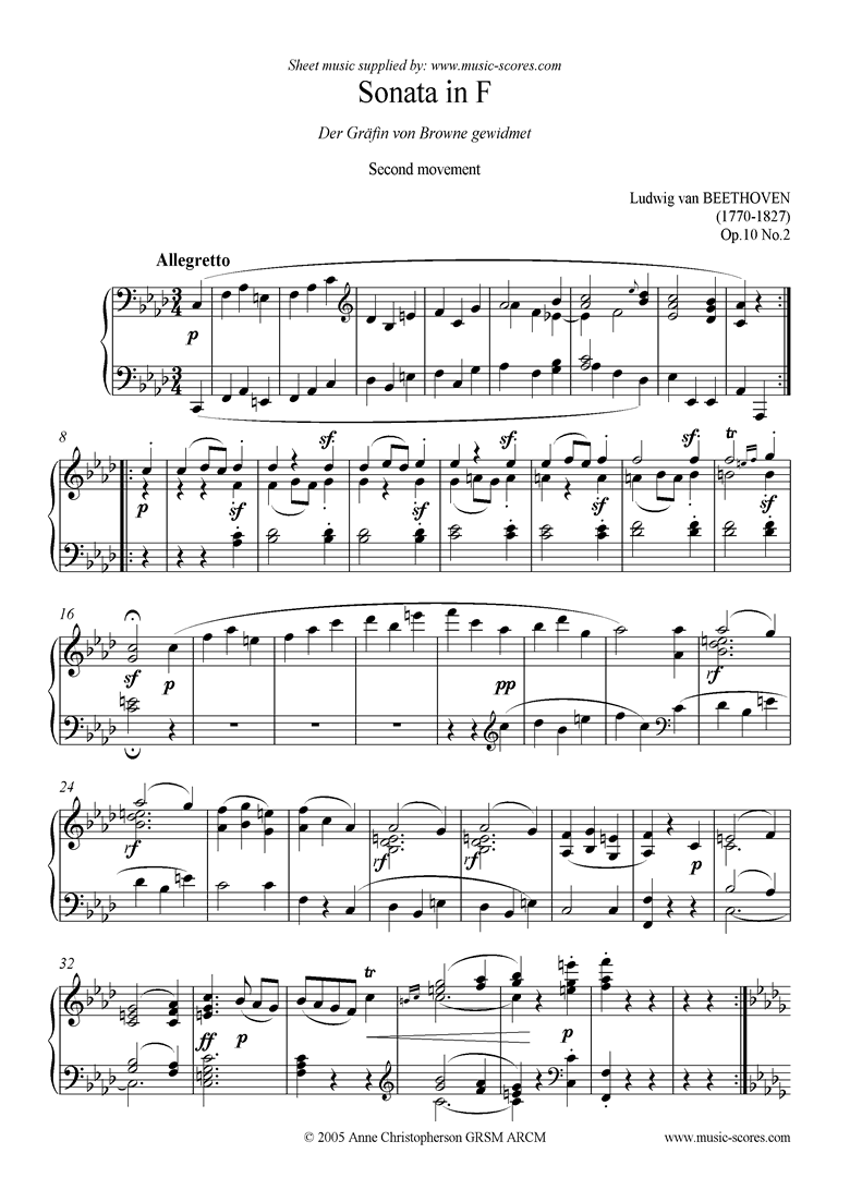 Front page of Op.10, No2: Sonata 06: F: 2nd Mt: Allegretto sheet music