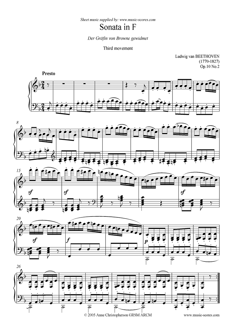 Front page of Op.10, No2: Sonata 06: F: 3rd Mt: Presto sheet music