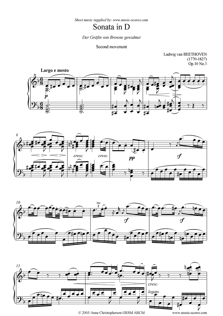 Front page of Op.10, No3: Sonata 07: D: 2nd Mt: Largo e mesto sheet music