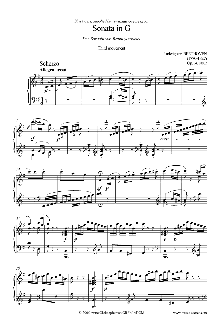 Front page of Op.14, No2: Sonata 10: G: 3rd Mt: Allegro Assai sheet music