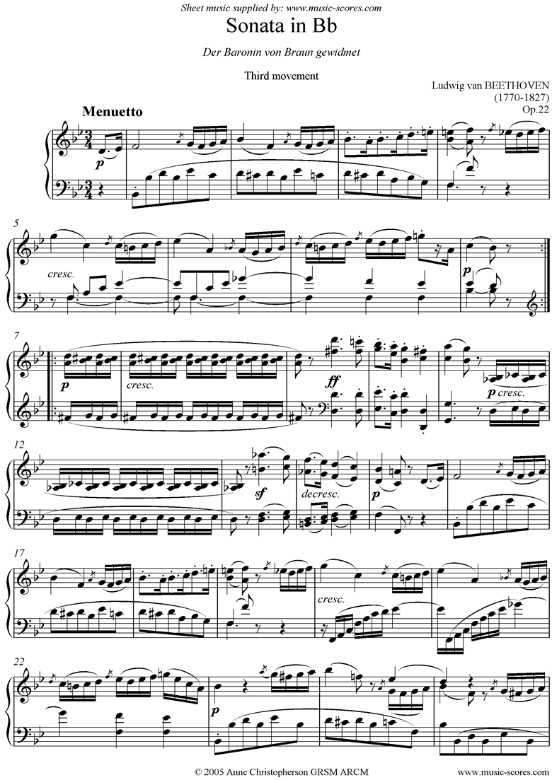 Front page of Op.22: Sonata 11: Bb: 3rd Mt: Minuetto and Minore sheet music