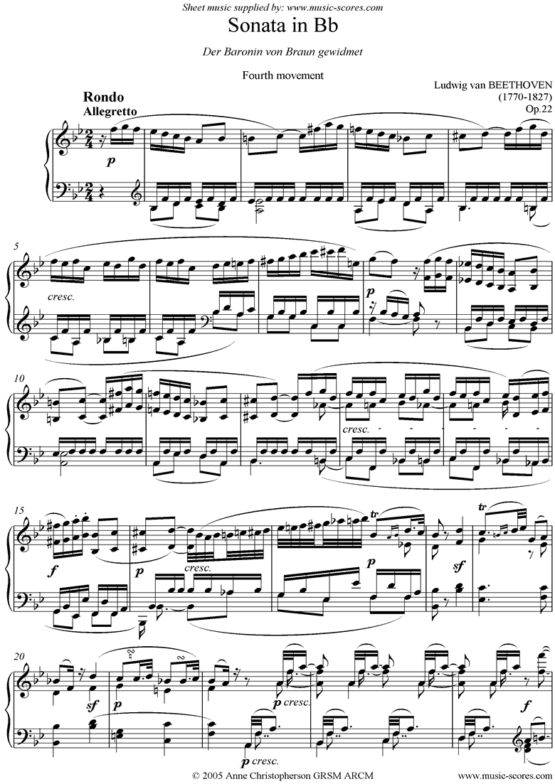 Front page of Op.22: Sonata 11: Bb: 4th Mt: Rondo sheet music